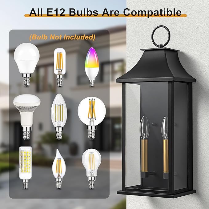 Dusk to Dawn Outdoor Wall Lantern 2-Light, 20.6" Large Outside Wall Sconce, Modern Black Wall Light Fixture with Glass, Waterproof Exterior Lamp for House, Porch, Garage
