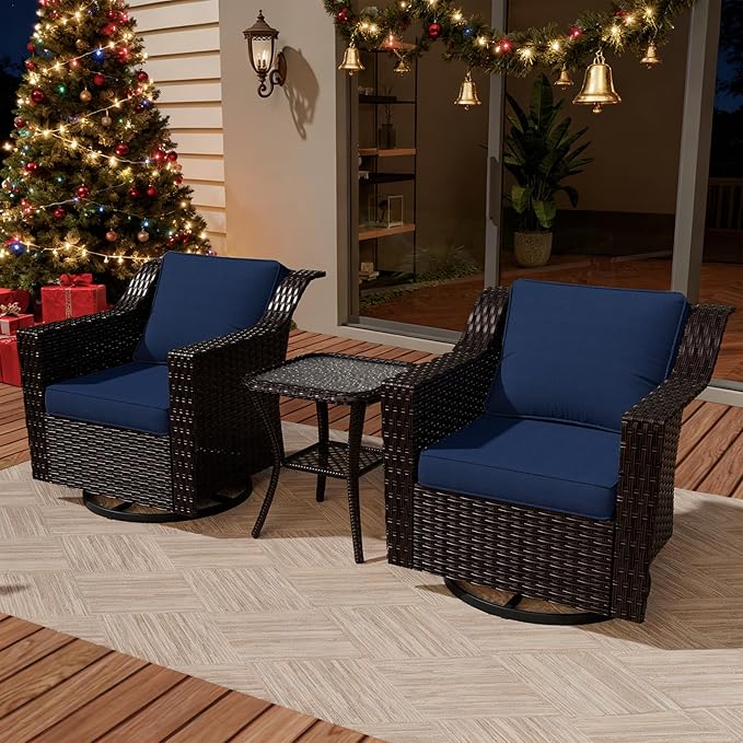 VistaVibe 3 Pieces Outdoor Patio Conversation Furniture Set - 360 Degree Swivel Glider Rocker Chairs | Wicker End Table, Washable Cushions, Hand-Woven PE Rattan, Lawn, Sunroom (Brown/Navy)