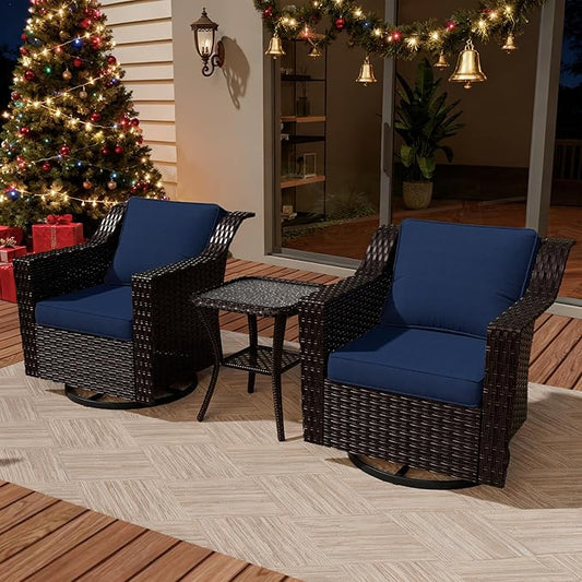 VistaVibe 3 Pieces Outdoor Patio Conversation Furniture Set - 360 Degree Swivel Glider Rocker Chairs | Wicker End Table, Washable Cushions, Hand-Woven PE Rattan, Lawn, Sunroom (Brown/Navy)
