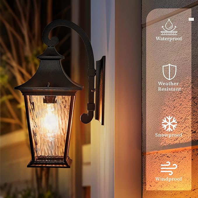 Outdoor Porch Light Waterproof Outdoor Wall Sconce Light with Water Ripple Glass Black Outdoor Light Fixtures Wall Mount 18 Inch Height E26 Socket