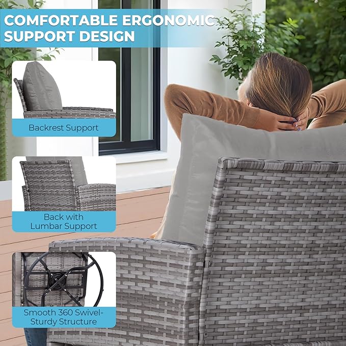FHFO 10 Pieces Outdoor Patio Furniture Set with Swivel Chairs, Wicker Sectional Sofa Set Rattan Modular Patio Conversation with Cushions Couch & Coffee Table for Garden, Balcony, Porch, Grey-Grey