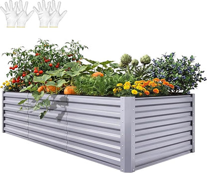 YITAHOME 8x4x2ft Large Raised Garden Bed Kit, Galvanized Metal Planter Box with Gloves, Ground Nails, Support Rod & Safety Rubber, Outdoor Above Ground Planters for Plants Vegetables Flowers, Silver