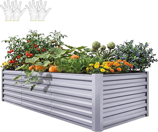 YITAHOME 8x4x2ft Large Raised Garden Bed Kit, Galvanized Metal Planter Box with Gloves, Ground Nails, Support Rod & Safety Rubber, Outdoor Above Ground Planters for Plants Vegetables Flowers, Silver