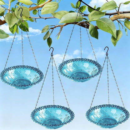 3-Tier Hanging Solar Bird Bath Fountain, Solar Pump Cascading Water Feeder with 16.4FT Extra Long Cord, Large Bird Bowl for Hummingbirds Wild Birds (4PCS-Bule)