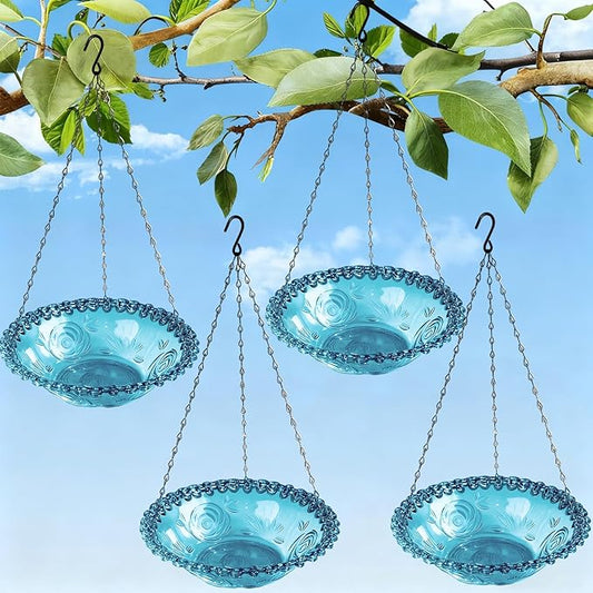 3-Tier Hanging Solar Bird Bath Fountain, Solar Pump Cascading Water Feeder with 16.4FT Extra Long Cord, Large Bird Bowl for Hummingbirds Wild Birds (4PCS-Bule)