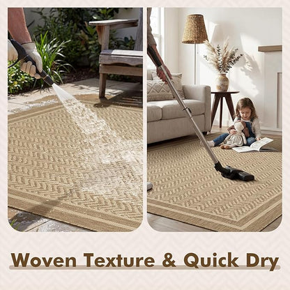 MontVoo-Outdoor Rug-Patio Rug 5x7 Polypropylene Indoor Outdoor Rugs Outdoor Carpet for Patio Deck Balcony Porch, Textured Weave, Durable for High Traffic, Fade-Resistant, Boho Farmhouse Neutral Brown