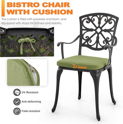 NUU GARDEN 3-Piece Outdoor Bistro Set with Cushions, Round 24 Inch Cast Aluminum Round Table with 1.77" Umbrella Hole and 2 Cast Aluminum Armchairs with Cushions, Black with Gold-Painted Edge