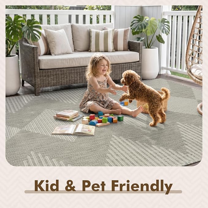 MontVoo-3x5 Outdoor Rug Porch Entryway Rug-Polypropylene Indoor Outdoor Rugs for Entryway Kitchen Balcony Patio, Textured Weave, Durable, Fade-Resistant, Non-Shedding, Boho Geometric Neutral Grey