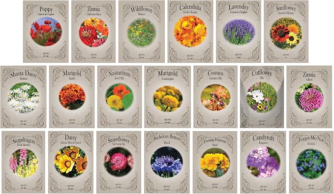 Flower Seed Set - Flower Varieties of Non-GMO & Heirloom Premium Seeds for Planting - Sunflower, Marigold, Lavender, and More! (20, Set 1)