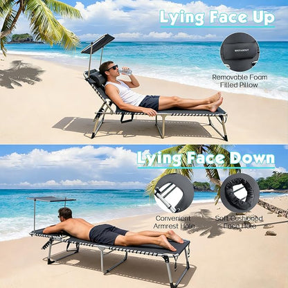 Outdoor Tanning Chair with Sun Canopy Shade & Face Hole, Folding Lounge Chair with Beach Table and Carry Bag for Poolside Sunbathing Lawn