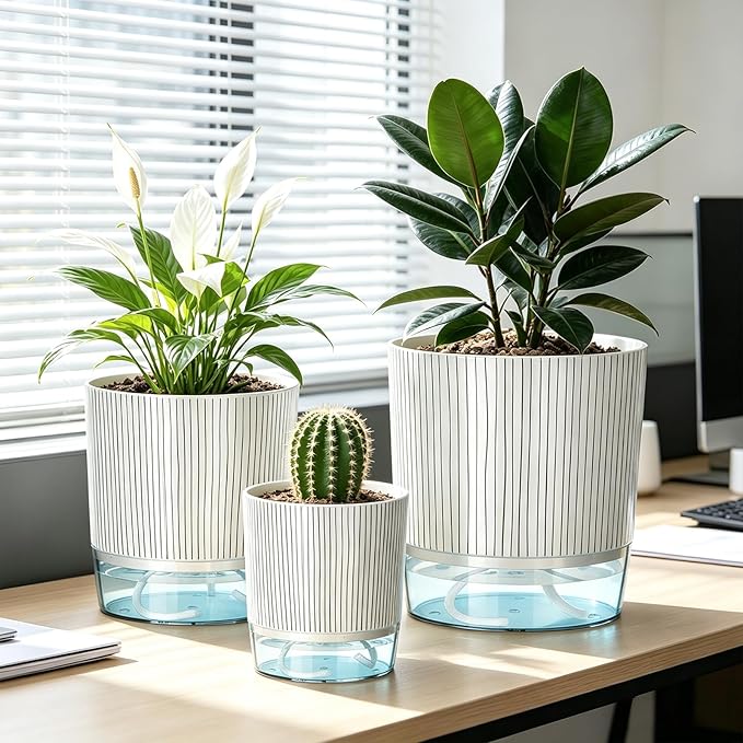 3 Pack Self Watering Pots for Indoor Plants, 4+5.5+6.3 Inch Self Watering Plant Pots, Flower Pots with Wick Rope and Reservoir - Black Stripes