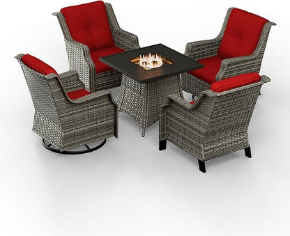 5-Piece Patio Wicker Conversation Set with Fire Pit, Furniture Set Includes 2 Swivel Rocker Chair and 2 Armchair, Cushion Red