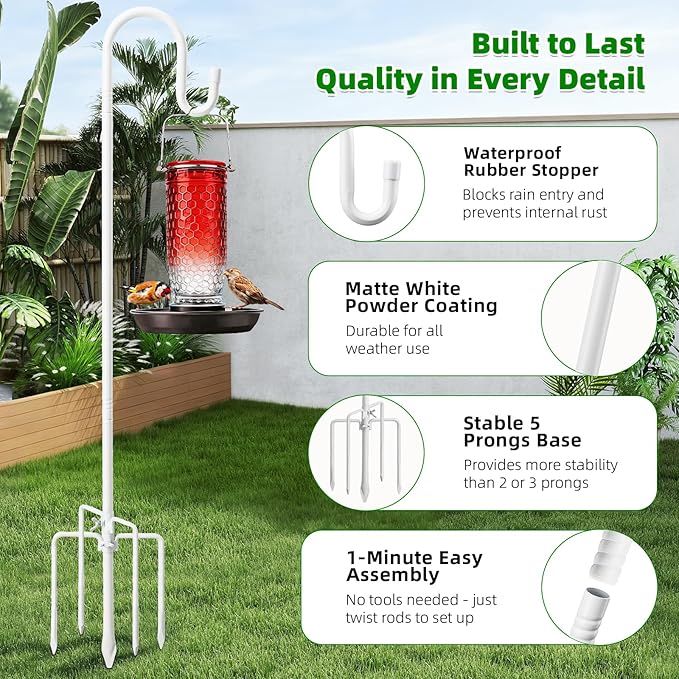 78" White Shepherds Hooks for Outdoor, Bird Feeder Pole with 5 Prong Base, Adjustable Height Shepherds Hook for Hummingbird Feeder, Bird Feeder, Lightweight Plant, Wind Chimes, Lanterns (1 Pack)