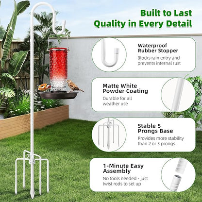 78" White Shepherds Hooks for Outdoor, Bird Feeder Pole with 5 Prong Base, Adjustable Height Shepherds Hook for Hummingbird Feeder, Bird Feeder, Lightweight Plant, Wind Chimes, Lanterns (1 Pack)