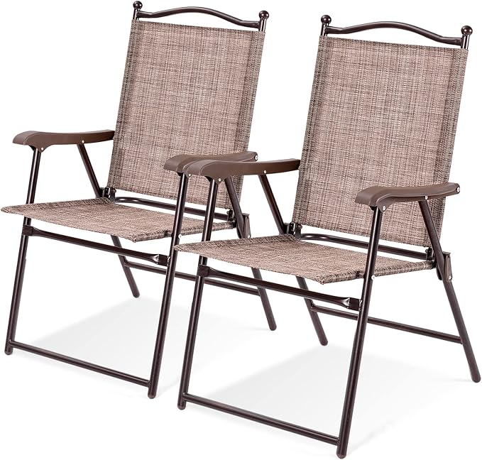 Tangkula Set of 2 Patio Folding Dining Chairs, Outdoor Sling Lawn Chairs with Armrests, Steel Frame, Portable Camping Lounge Chairs for Backyard, Deck, Poolside and Garden, No Assembly (1, Brown)