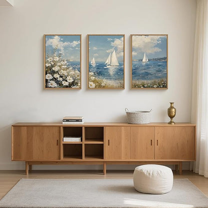 FWIEXA Coastal Wildflower Canvas Wall Art Framed, Ocean Sailboats Pictures Wall Decor, Beach Flower Seascape Painting, Blue Sky 3 Pieces 24x36In Artwork for Living Room, Bedroom, Bathroom, Rustic Farmhouse
