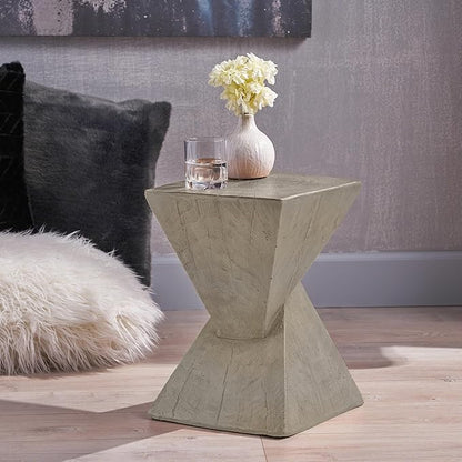 Christopher Knight Home Novi Outdoor Side Table, Geometric-Shaped Accent Side End Table, Garden Stool for Patio Balcony Beach Pool, Lightweight Concrete, Wood-Like Texture, Light Gray