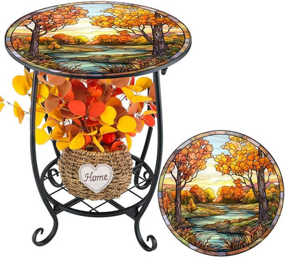 Cinnvoice Outdoor Side Table Round Small Mosaic Patio Accent Indoor End Plant Coffee Tea Table for Yard Patio Porch Garden Living Room, Bedroom(Fall Style,14 Inch)