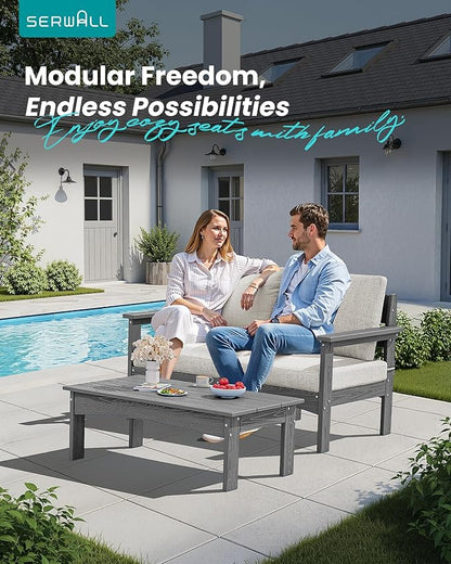 SERWALL 3 Pieces Patio Sofas, All-Weather Outdoor Couch Sectional Set, Patio Conversation Set with Cushions and Coffee Table for Balcony, Garden, Backyard, Poolside, Grey Frame with Khaki Cushion