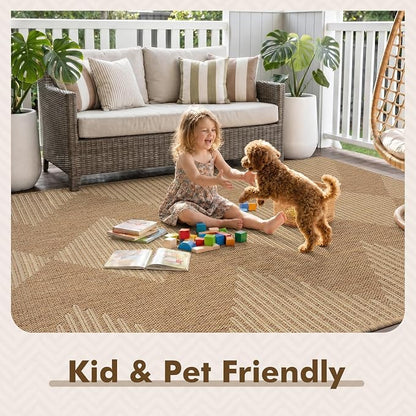 MontVoo-Outdoor Rug Carpet Patio Rug 4x6 ft Polypropylene Indoor Outdoor Rugs for Patio Deck Balcony Porch, Textured Weave, Durable for High Traffic, Fade-Resistant, Boho Geometric Neutral Brown