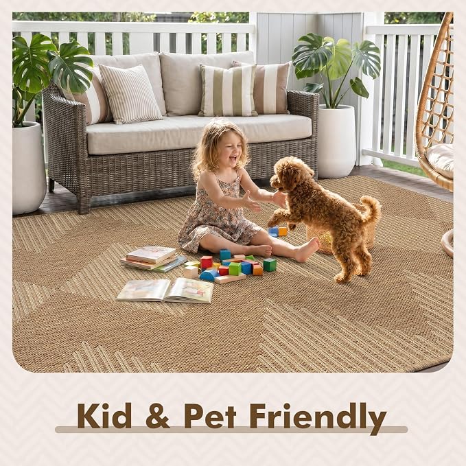 MontVoo-3x5 Outdoor Rug Porch Entryway Rug-Polypropylene Indoor Outdoor Rugs for Entryway Kitchen Balcony Patio, Textured Weave, Durable, Fade-Resistant, Non-Shedding, Boho Geometric Neutral Brown