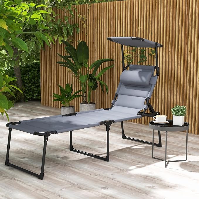 Outdoor Lounge Chair, Tanning Chair with Sunshade Roof, Adjustable Backrest Folding Chaise Lounge with Pillow Headrest for Outside, Beach, Camping, Hiking (Sunshade Roof, Grey)