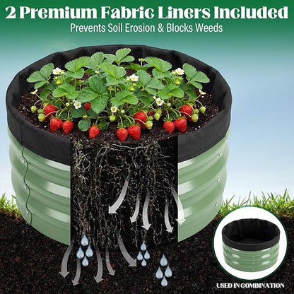 Round Metal Raised Garden Bed 2 Pack with Fabric Liners, 2 ft × 2 ft × 1 ft, Outdoor Planters for Backyard, Patio & Garden (sage Green)