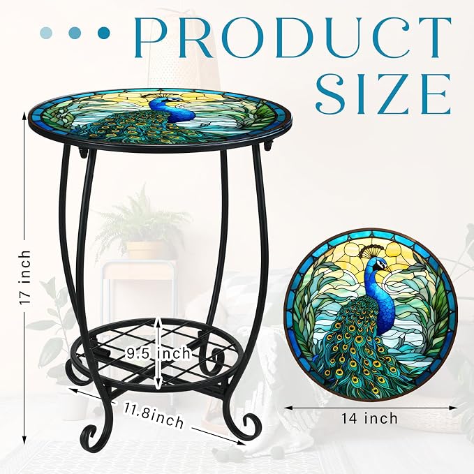 Cinnvoice Outdoor Side Table Round Small Mosaic Patio Accent Indoor End Plant Coffee Tea Table for Yard Patio Porch Garden Living Room, Bedroom(Peacock Style,14 Inch)