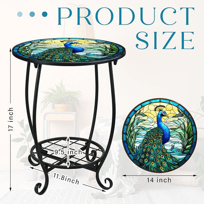 Cinnvoice Outdoor Side Table Round Small Mosaic Patio Accent Indoor End Plant Coffee Tea Table for Yard Patio Porch Garden Living Room, Bedroom(Peacock Style,14 Inch)