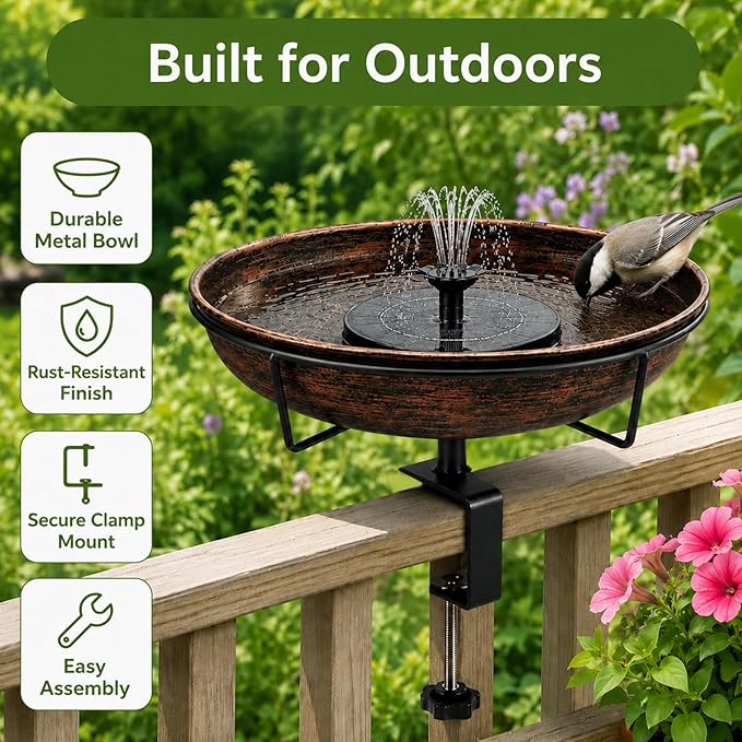 Deck Mounted Bird Bath with Solar Fountain Heavy Duty Metal Birdbath Bowl 1.45 Gallon 3.54" Adjustable Railing Clamp All Weather Outdoor Bird Feeder for Patio Fence Balcony Backyard