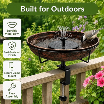 Deck Mounted Bird Bath with Solar Fountain Heavy Duty Metal Birdbath Bowl 1.45 Gallon 3.54" Adjustable Railing Clamp All Weather Outdoor Bird Feeder for Patio Fence Balcony Backyard
