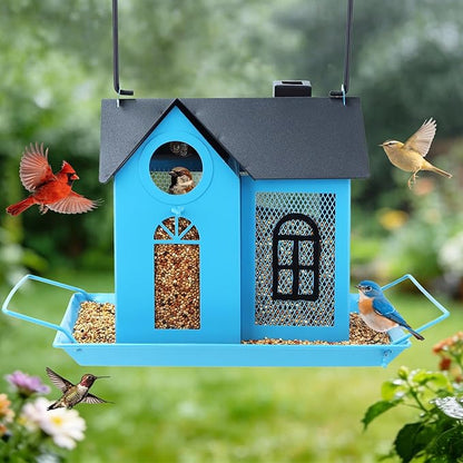 Solar Bird Feeder for Outdoors - Blue Metal Hanging Bird Feeder with Solar Light, Decorative for Wild Cardinals, Finches, Weatherproof Backyard Garden Decor Ideal Gift for Women Mom Grandma