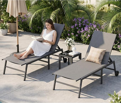 UDPATIO 3 PCS Patio Lounge Chair Outdoor Chaise Lounges with Wheels & Side Table 5-Position Reclining Rust Free Patio Chairs for Poolside Backyard Garden Deck Beach