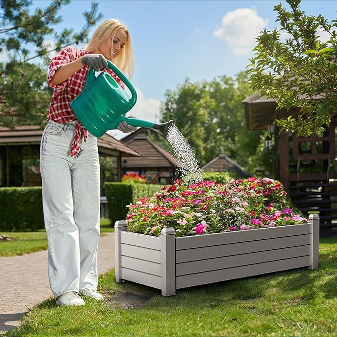 Vixzen Raised Garden Bed Outdoor,Resin Weatherproof Planter Box with Drain Hole and Water Level Detector,for Planting Plants Vegetables (Grey, 43.31"×17.72"×12.6")