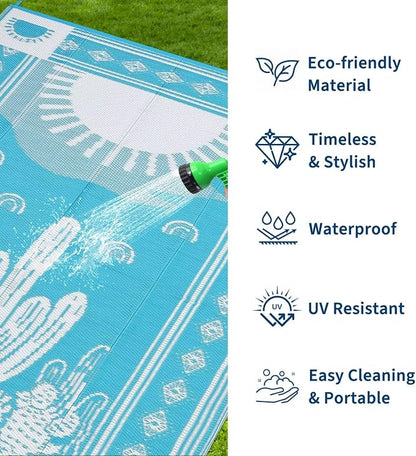 Garvee Waterproof Outdoor Rug 5x8, Cactus Botanical Outdoor Plastic Straw Rug for Camping, Reversible RV Mat Outside, Indoor Outdoor Carpet for Porch, Deck, Backyard, Balcony, Teal Blue