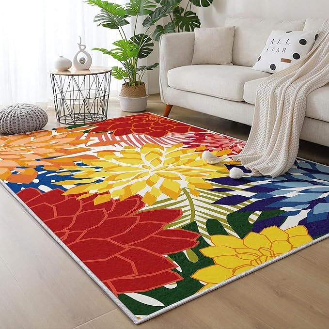 ZonLi Colorful Outdoor Rug 8x10Ft Waterproof Multicolored Indoor Area Rug Washable Outdoor Patio Rugs Tropical Floral Non Slip Outdoor Carpet for Living Room, Pool,Backyard,Deck,Camping