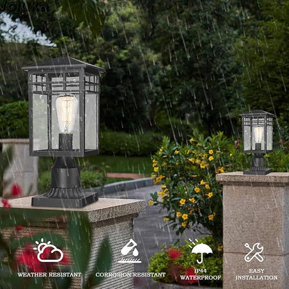 Outdoor Post Light Fixture, Modern Exterior Pillar Lantern with Black Finish & Seeded Glass, Pole Light for Garden, Backyard, Courtyard, Patio, Porch, RZ009-P BK