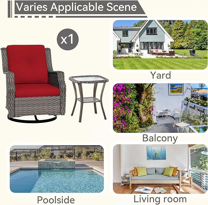 Outdoor Swivel Rocker Patio Chair with Matching Side Table - 360 Degree Patio Swivel Glider Chair with 3.5" Olefin Cushions(Mixed Grey/Red)
