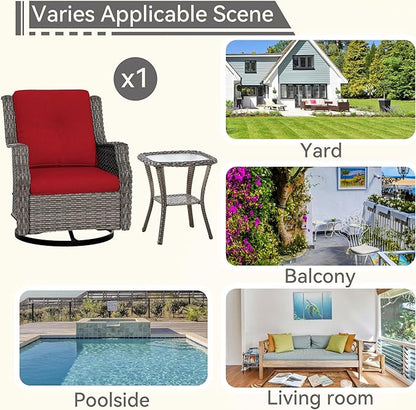Outdoor Swivel Rocker Patio Chair with Matching Side Table - 360 Degree Patio Swivel Glider Chair with 3.5" Olefin Cushions(Mixed Grey/Red)