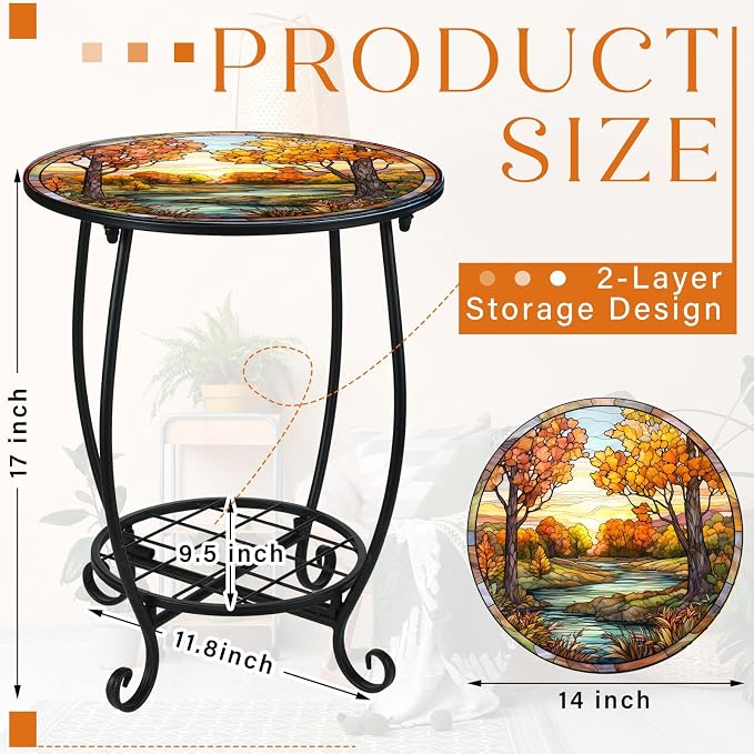 Cinnvoice Outdoor Side Table Round Small Mosaic Patio Accent Indoor End Plant Coffee Tea Table for Yard Patio Porch Garden Living Room, Bedroom(Fall Style,14 Inch)