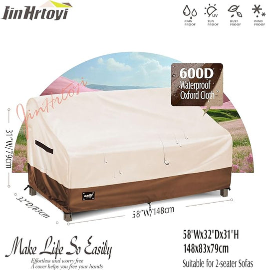 2-Seater Outdoor Couch Cover,58" Wx32 Dx31 H Inches Patio Loveseat Cover,100% Waterproof Heavy Duty Patio Sofa Covers,Patio Furniture Covers,Beige&Brown