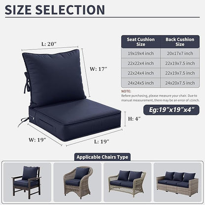 Premium Outdoor Seat Cushion Chair Cushions for Patio Furniture 19 L X 19 W X 4 H Waterproof & Fade Resistant Deep Seat and Backrest Cushion Set with Removable Covers for Chair, Sofa