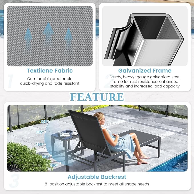 UDPATIO Chaise Lounge Chair Patio Pool Lounge Chair Outdoor with 5 Position Adjustable Backrest Poolside Sunloungers Lay Flat Sunbathing Chaise with Backrest for Patio, Beach, Yard, Pool(Gray)
