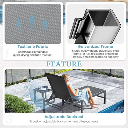 UDPATIO Chaise Lounge Chair Patio Pool Lounge Chair Outdoor with 5 Position Adjustable Backrest Poolside Sunloungers Lay Flat Sunbathing Chaise with Backrest for Patio, Beach, Yard, Pool(Gray)