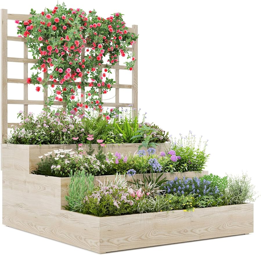 GarveeLife 3 Tier Raised Garden Bed with Trellis, Wooden Vertical Planters with Open-Ended Base for Climbing Plants Vines Flower Herb Vegetable Fruit, Outdoor Planter Boxes for Patio Yard Lawn