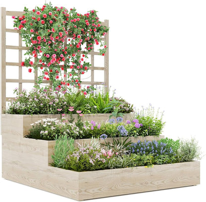GarveeLife 3 Tier Raised Garden Bed with Trellis, Wooden Vertical Planters with Open-Ended Base for Climbing Plants Vines Flower Herb Vegetable Fruit, Outdoor Planter Boxes for Patio Yard Lawn