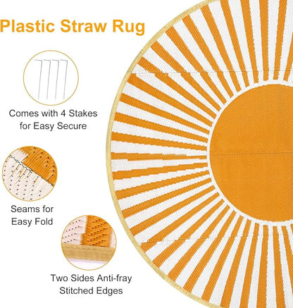Anidaroel Round Outdoor Rugs 6ft for Patios Clearance, Waterproof Reversible Plastic Straw Patio Rug, Outside Area Rug Floor Mat for Backyard, Porch, Balcony, Pool Deck, RV Camping, Picnic(Orange,6ft)