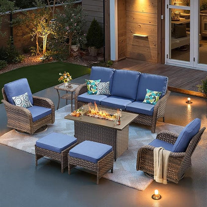 7 Pieces Patio Furniture Set with 42.5" Fire Pit Table-All Weather Wicker Outdoor Furniture with High Back Swivel Patio Chairs Set of 2 Outdoor Couch for Deck Balcony Backyard Brown/Blue