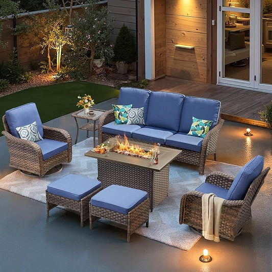 7 Pieces Patio Furniture Set with 42.5" Fire Pit Table-All Weather Wicker Outdoor Furniture with High Back Swivel Patio Chairs Set of 2 Outdoor Couch for Deck Balcony Backyard Brown/Blue