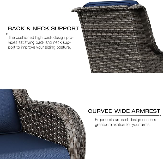 Joyside Wicker Patio Furniture Sets 8 Piece Set with 3-Seat Sofa, 2 Swivel Rocking Armchairs, 2 Armchairs, 2 Ottoman and 1 Side Table Wicker Outdoor Furniture Sectional Conversation Set, Blue